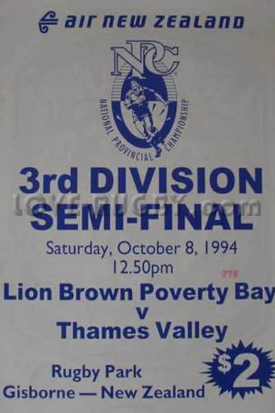 1994 Poverty Bay v Thames Valley  Rugby Programme